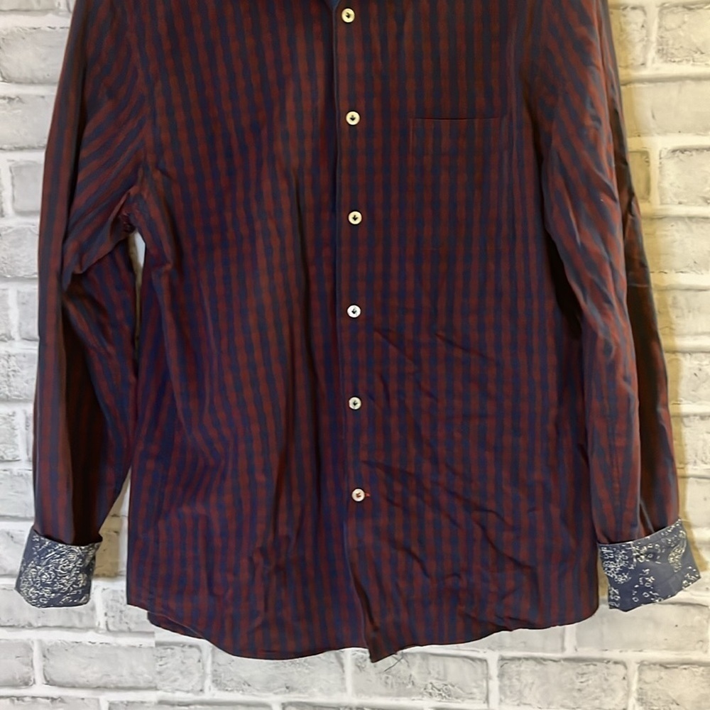 Benson men’s plaid cotton long sleeve dress shirt, size, large, maroon, and blue - Picture 3 of 9